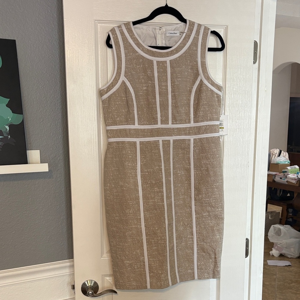 Calvin Klein Beige Sleeveless Sheath Dress with White Trim